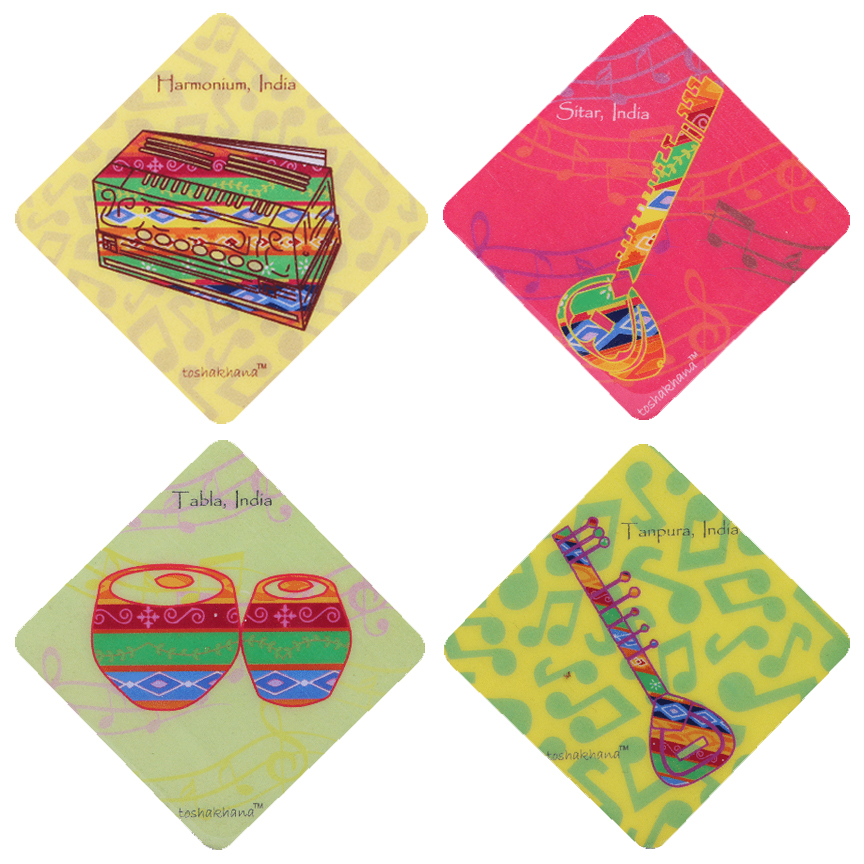 Indian Music Instruments Set of 4 MDF Fridge Magnet Cum Coaster